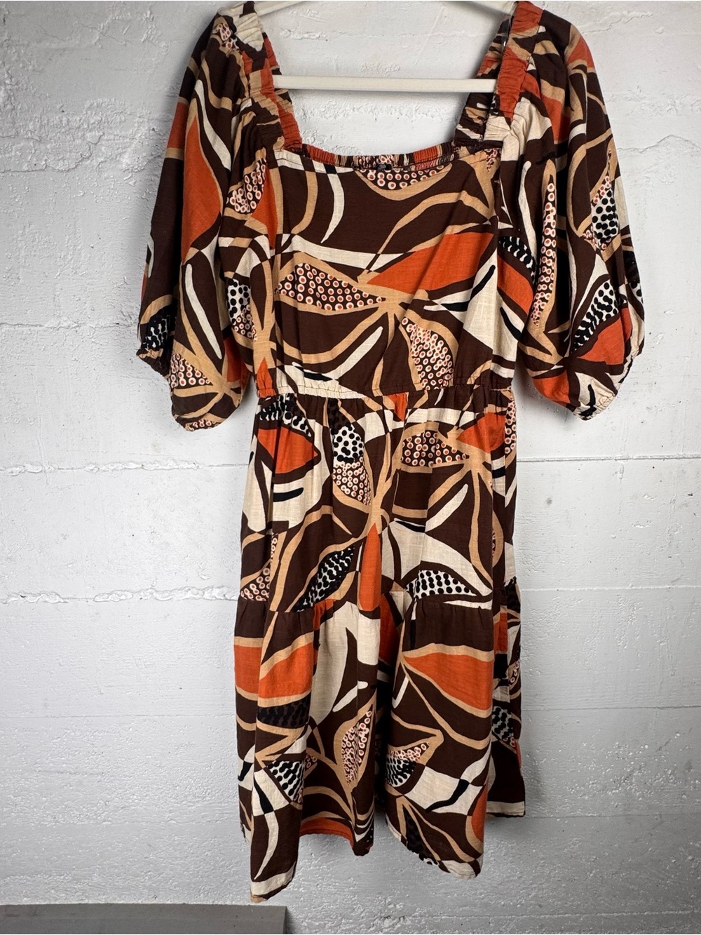 Mlle Gabrielle Boho Retro puff sleeve Brown Orange Abstract Midi Dress M